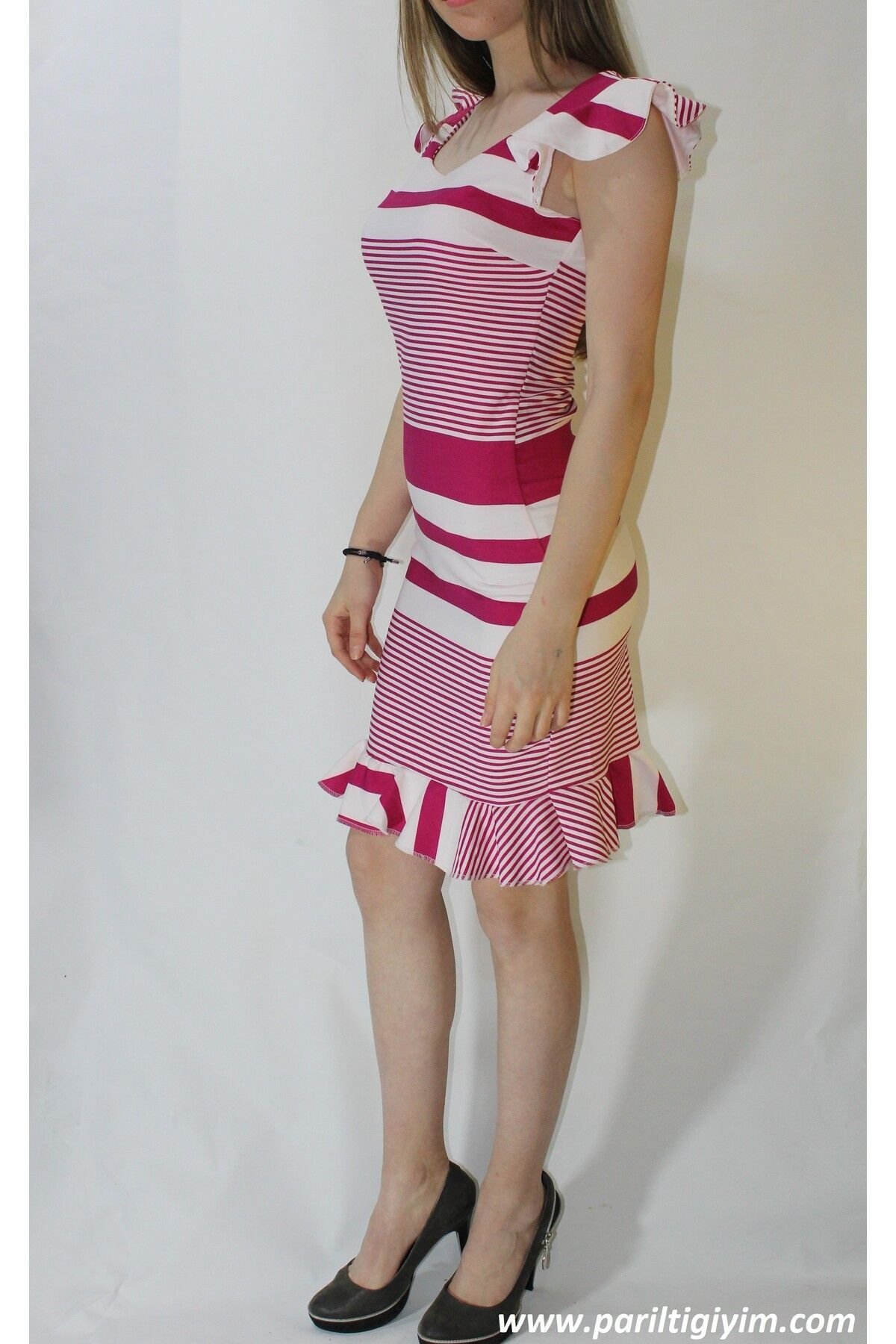 Cızgılı Elbıse Dar Model