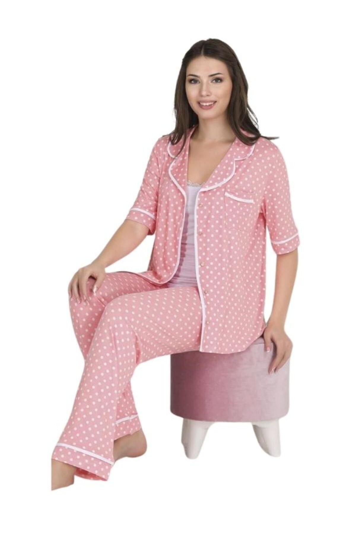 Pjama Takımı Üçlü Pembeli Beyaz Panlı - Görsel 3