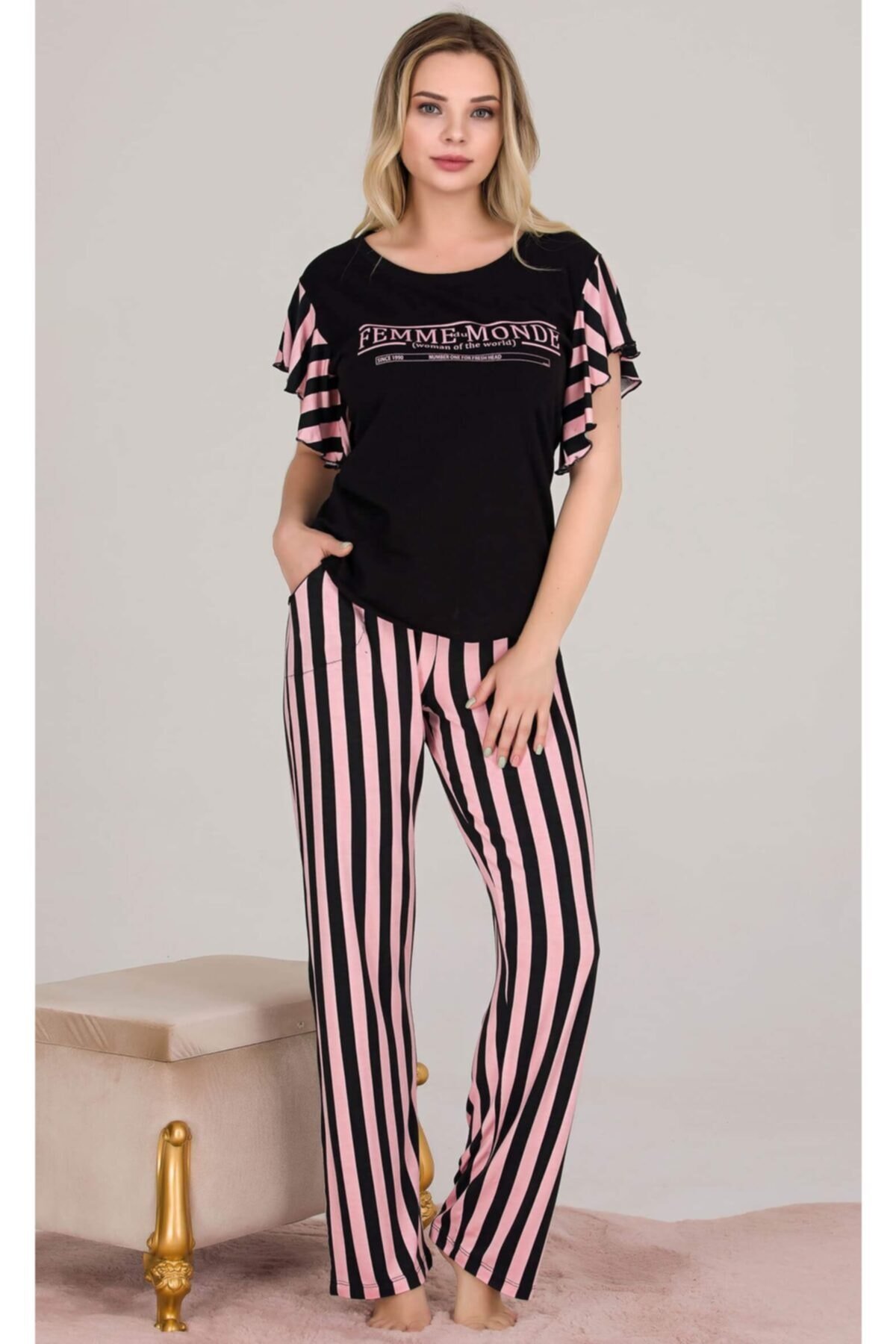 Kadın Pijama Takımı, Kolu Volonlu, Çizgili